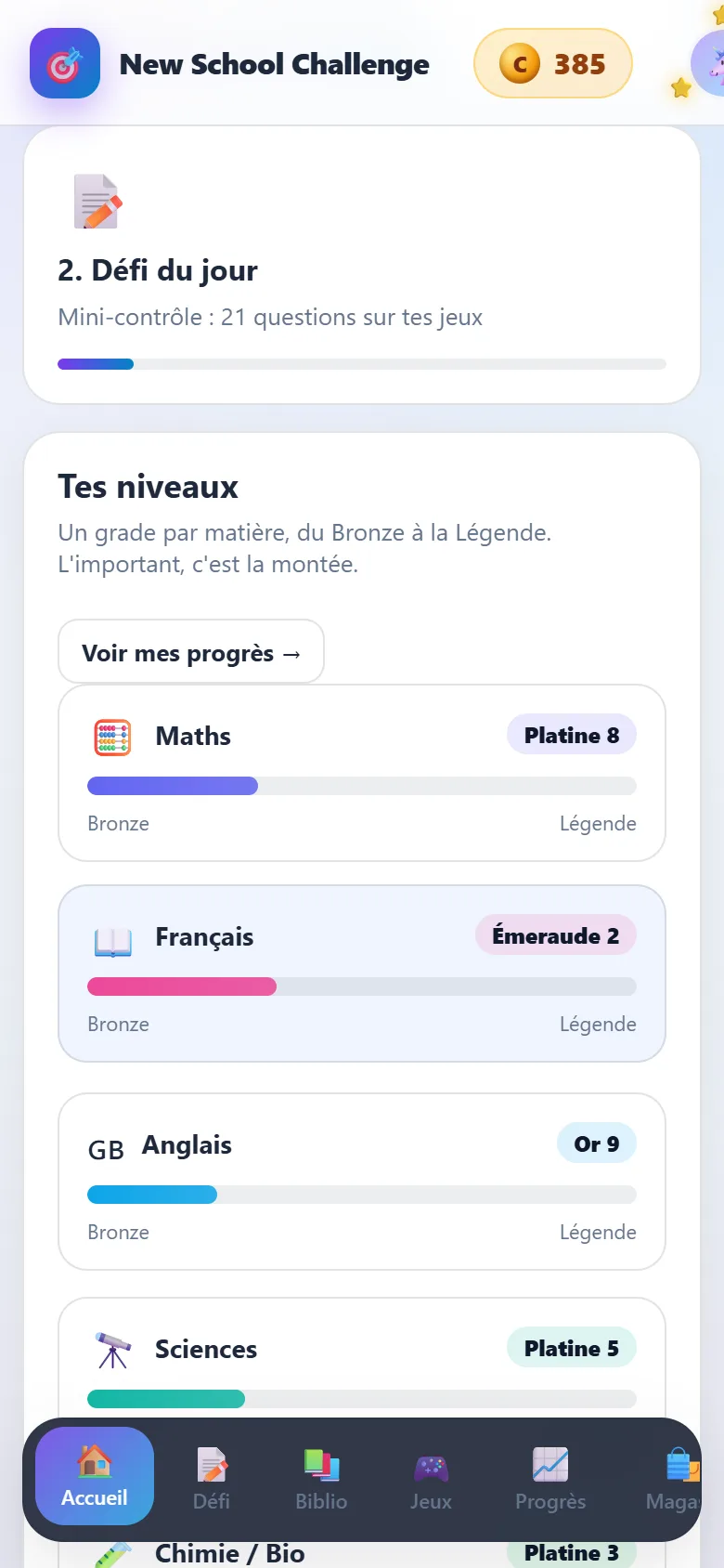 Les grades par matière, du Bronze à la Légende