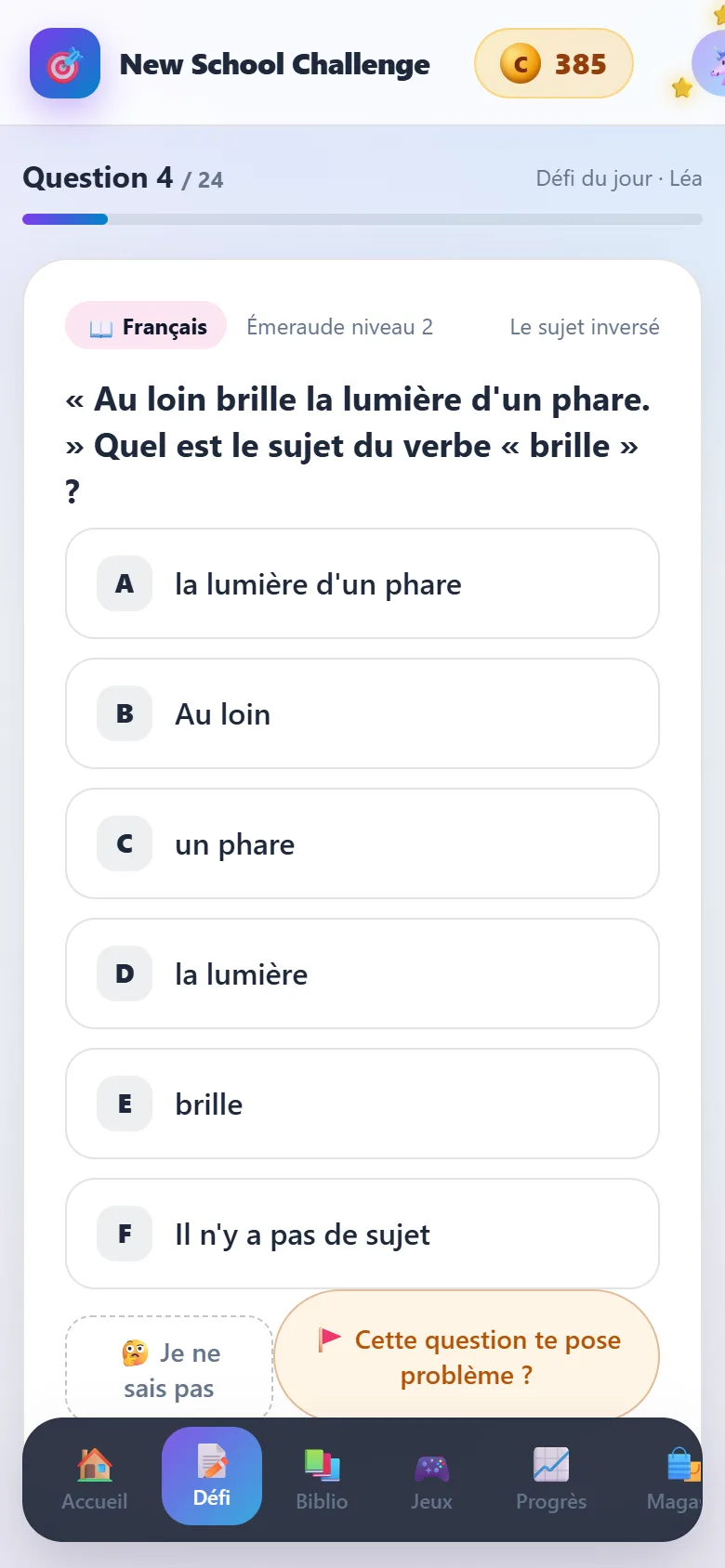 Une question du défi, avec le bouton « Je ne sais pas »