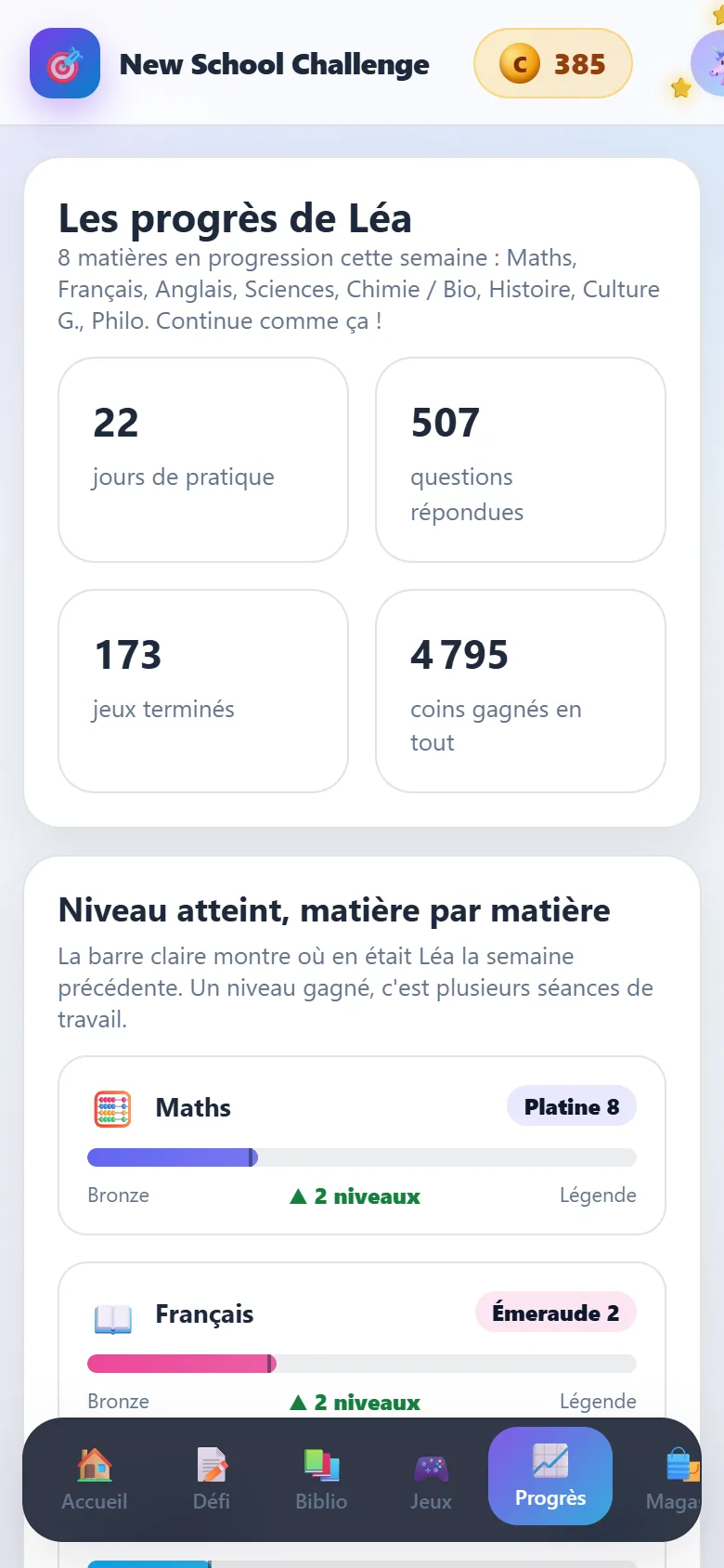 Les progrès : jours de pratique, questions, courbes par matière