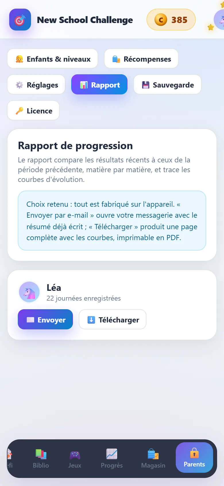 Le rapport de progression : envoyer par e-mail ou télécharger