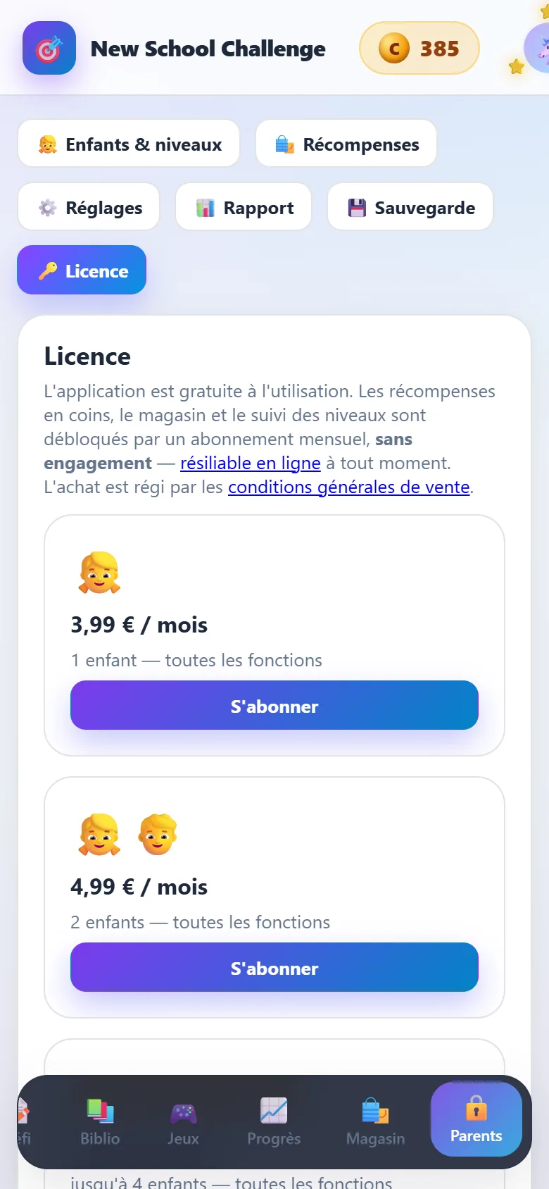L'onglet Licence : les trois offres et la résiliation en ligne